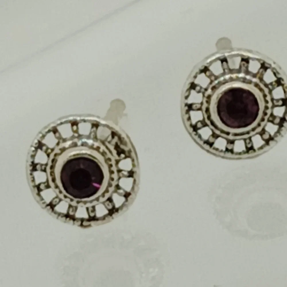 Vintage 925 Sterling Silver Crystal Sunburst‎ Round Stud Earrings Boho Sun Wheel